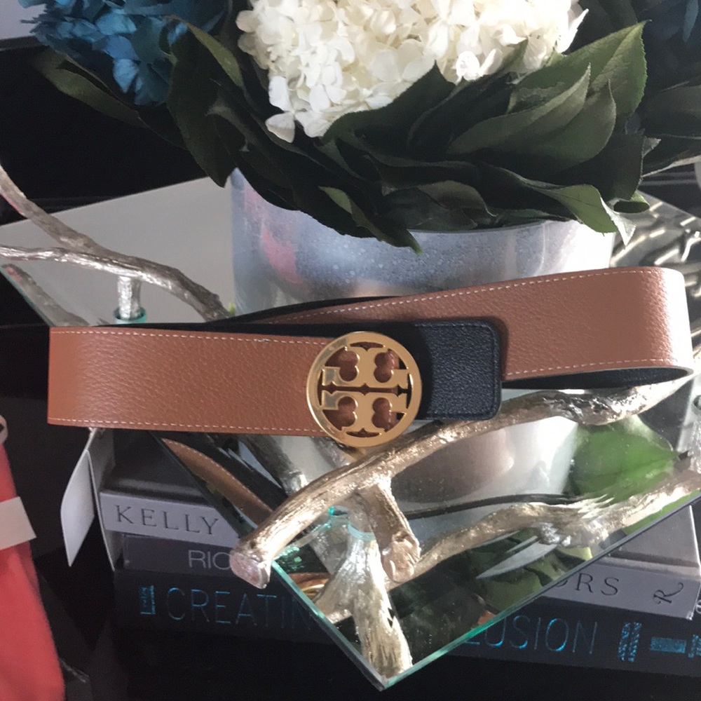 NWT Tory Burch Black and Gold Tan Metal Belt